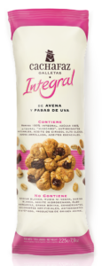Biscoito doce elaborado com farinha integral, aveia e uvas passas;